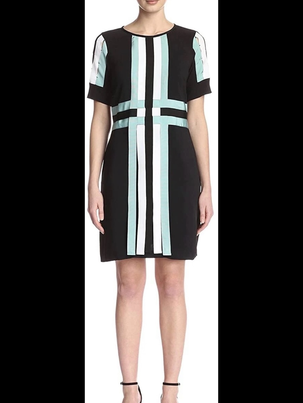 Beatrice B Abito Ribbon Front Sheath Dress Black Mint Green M $390
